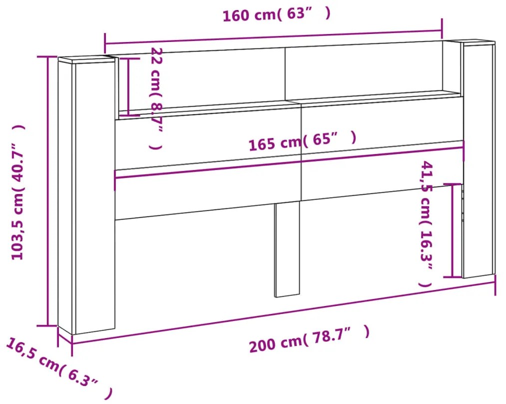 Κεφαλάρι με Αποθηκ. Χώρο &amp; LED Γκρι Σκυρ. 200x16,5x103,5 εκ. - Γκρι