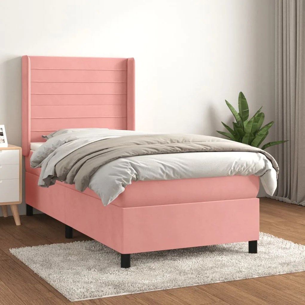 vidaXL Κρεβάτι Boxspring με Στρώμα Ροζ 90x200 εκ. Βελούδινο