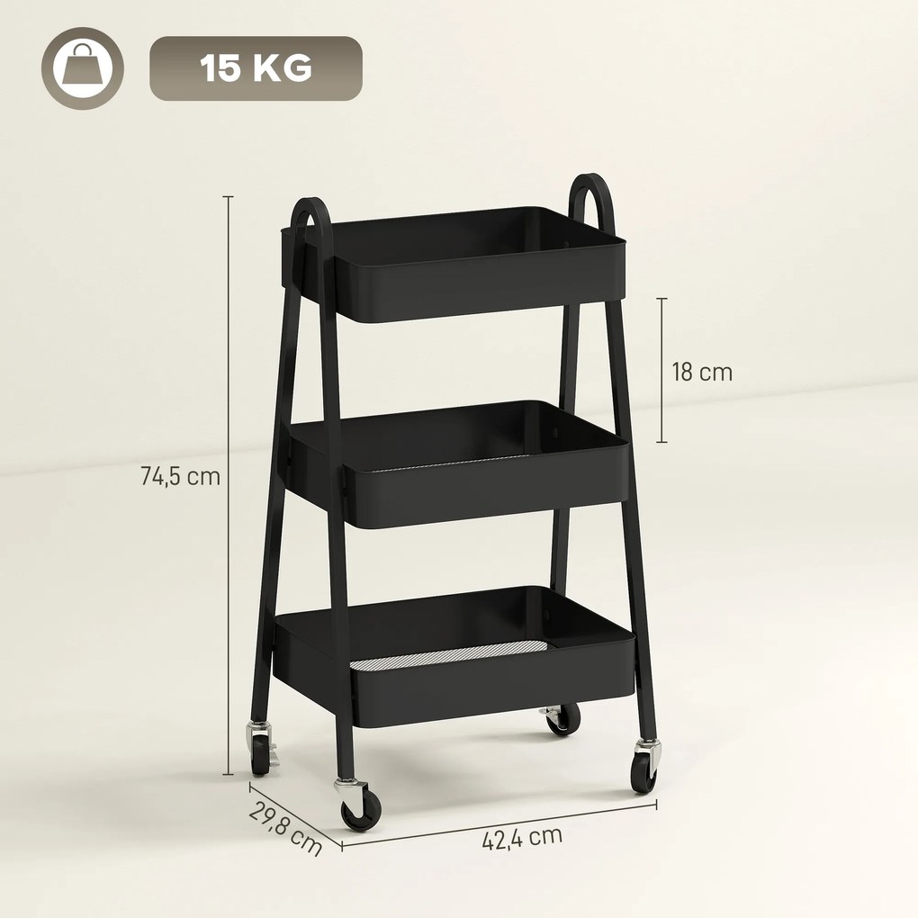 HOMCOM Τροχήλατο καρότσι σερβιρίσματος 3 επιπέδων, καρότσι κουζίνας με ροδάκια, λαβή, καρότσι με φρένο για κουζίνα, γραφείο, μπάνιο, μαύρο