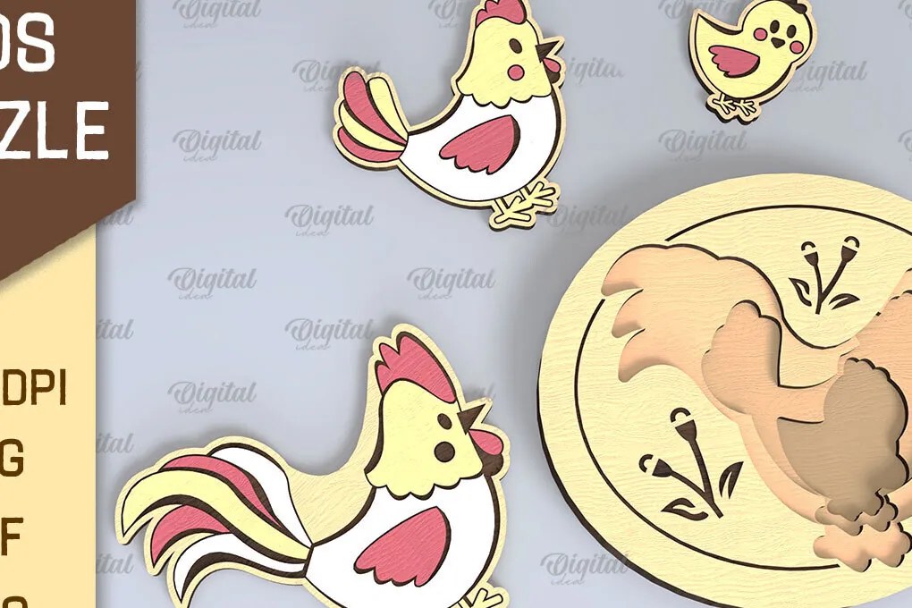 Intra απο ξύλο plywood 3mm-4mm πάχος Chicken Family Puzzle Σχέδιο κοπής με λέιζερ Δίασταση 30x20 cm INTRAFABR-108371476