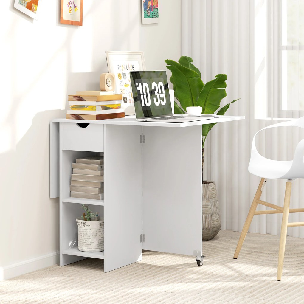 HOMCOM Πτυσσόμενο τραπέζι τραπεζαρίας για 2-4 άτομα, πτυσσόμενο τραπέζι κουζίνας με αποθηκευτικό χώρο, επεκτεινόμενο τραπέζι με ροδάκια, Λευκό