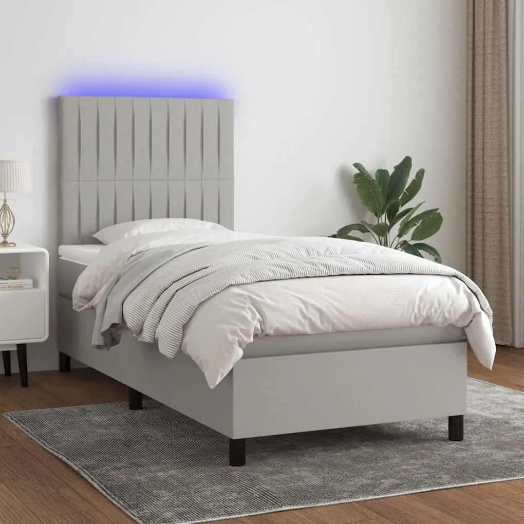 vidaXL Κρεβάτι Boxspring με Στρώμα & LED Αν.Γκρι 90x190 εκ. Υφασμάτινο