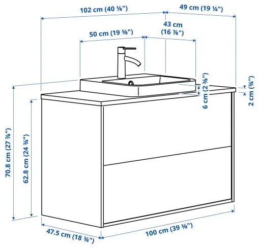 ANGSJON/BACKSJON βάση νιπτήρα με συρτάρια/νιπτήρα/μπαταρία, 102x49x71 cm 895.216.00