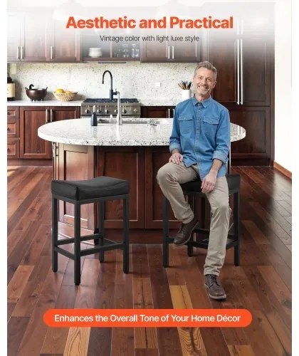 VEVOR Bar Stool Set of 2, PU Leather Counter Height Stools, 62cm Barstool with Saddle-Seat and Metal Legs, Easy Assembly Backless Bar Chair, Island Barstools for Kitchen, Dining Room, Cafe, Black