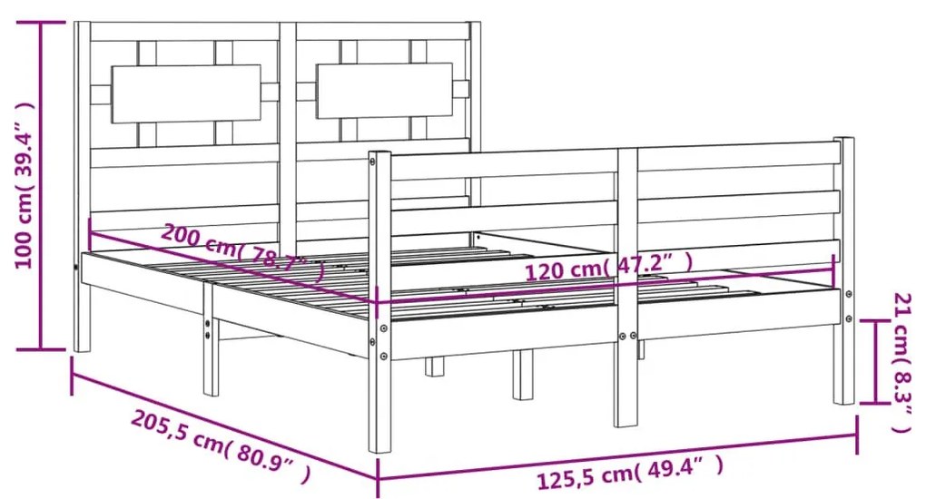 Πλαίσιο Κρεβατιού με Κεφαλάρι Μαύρο 120x200 εκ. Μασίφ Ξύλο - Μαύρο