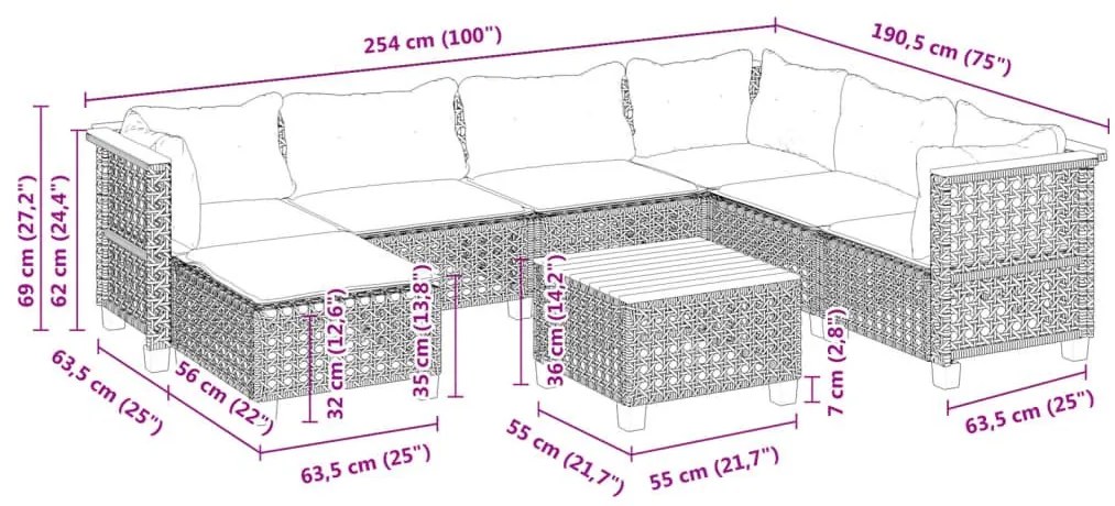 Σαλόνι Κήπου Σετ 8 Τεμαχίων Γκρι Συνθετικό Ρατάν με Μαξιλάρια - Γκρι