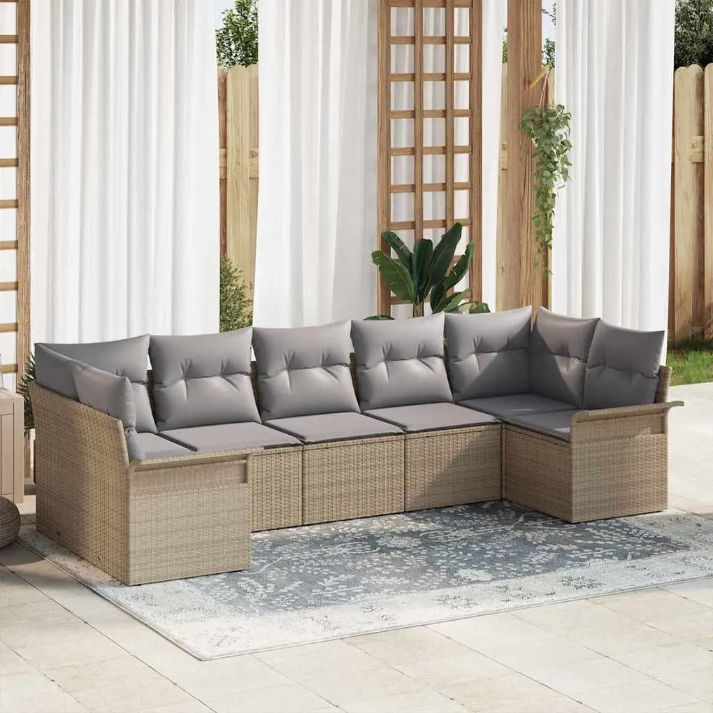 vidaXL Σετ Καναπέ Κήπου με μαξιλάρι 7 pcs Μπεζ Πολυ ράταν