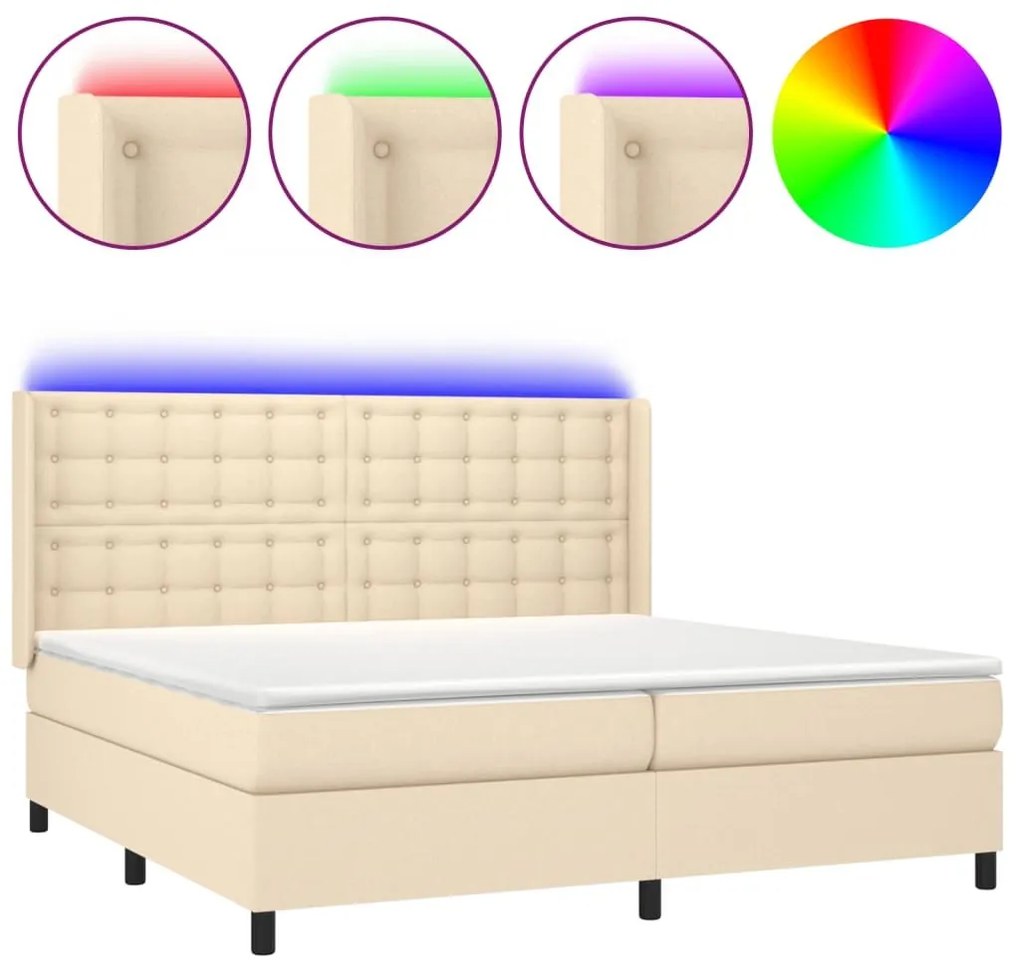 Κρεβάτι Boxspring με Στρώμα &amp; LED Κρεμ 200x200 εκ. Υφασμάτινο - Κρεμ