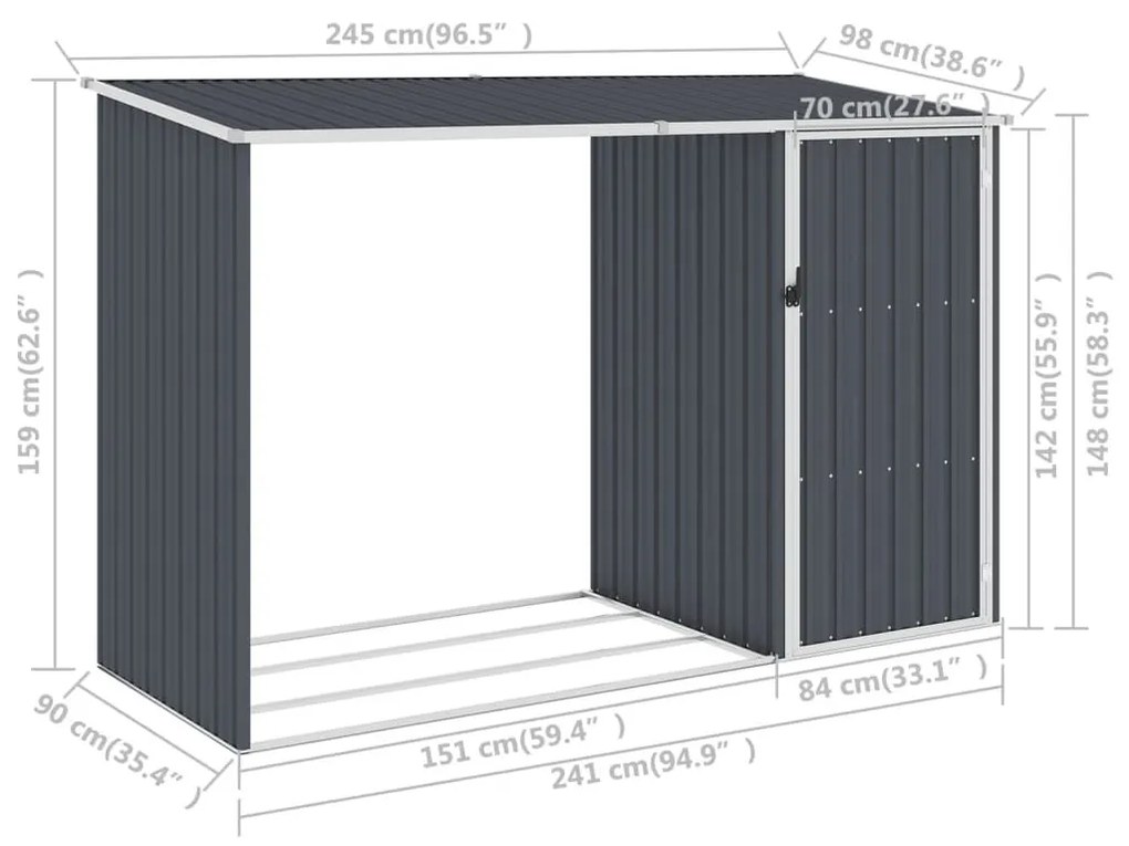 Υπόστεγο Ξύλων/Αποθήκη Κήπου Ανθρακί 245x98x159 εκ Γαλβ. Ατσάλι - Ανθρακί