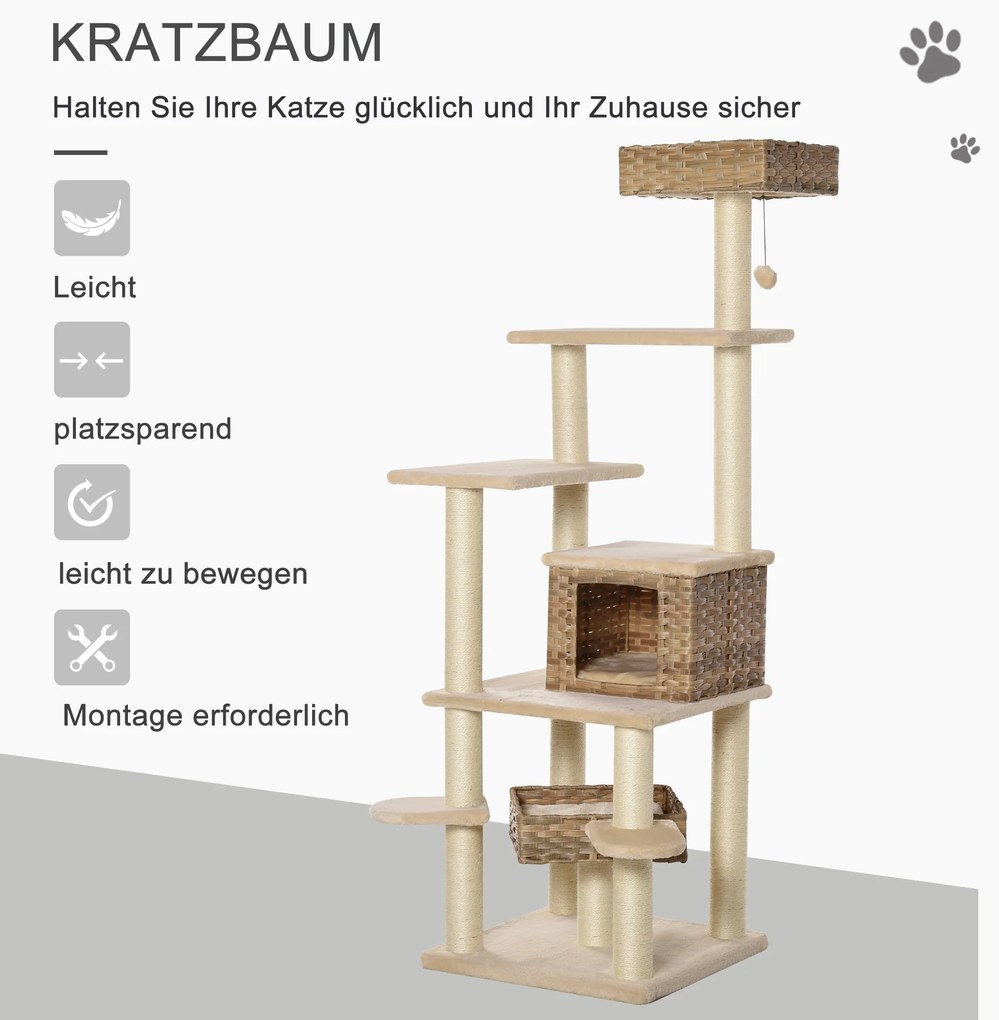 PawHut Δέντρο για γάτες από ρατάν με σπιτάκι, πολυεπίπεδο δέντρο για γάτες, δέντρο αναρρίχησης για γάτες, E1 MDF, σιζάλ, μπεζ+καφέ, 55 x 55 x 174 cm