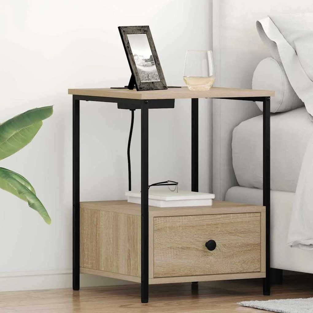 vidaXL Κομοδίνο με Σταθμό Φόρτισης με συρτάρι 2 pcs Sonoma Δρυς