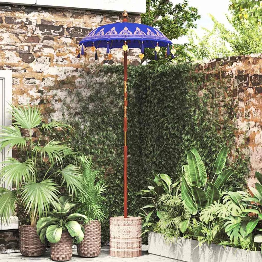 vidaXL Ομπρέλα με Βάση Μπλε, Καφέ 250 cm Βαμβάκι, Ξύλο
