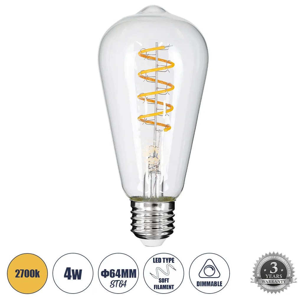 GloboStar 99143 Λάμπα LED Soft S Spiral Filament E27 ST64 Αχλάδι 4W 300lm 360° AC 220-240V IP20 Φ6.4 x Υ14cm Θερμό Λευκό 2700K με Διάφανο Γυαλί - Dimmable - 3 Χρόνια Εγγύηση