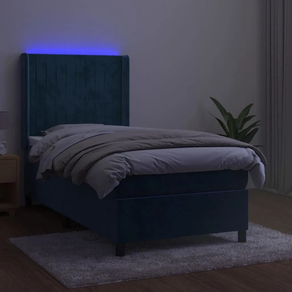 Κρεβάτι Boxspring με Στρώμα &amp; LED Σκ. Μπλε 90x200 εκ. Βελούδινο - Μπλε