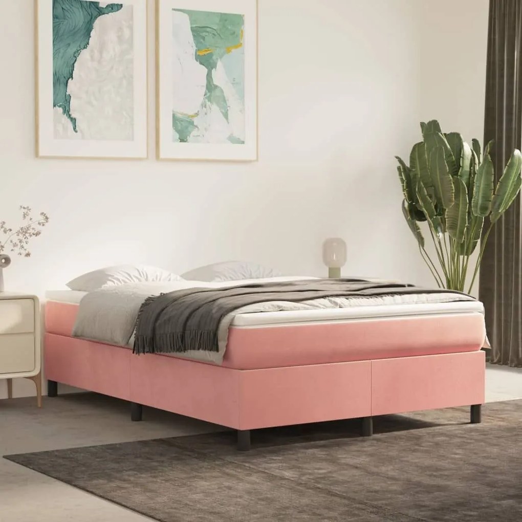 Κρεβάτι Boxspring με Στρώμα Ροζ 140x200 εκ. Βελούδινο - Ροζ