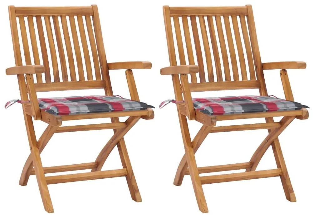 Καρέκλες Κήπου 2 τεμ. Μασίφ Ξύλο Teak με Κόκκινα Καρό Μαξιλάρια - Πολύχρωμο