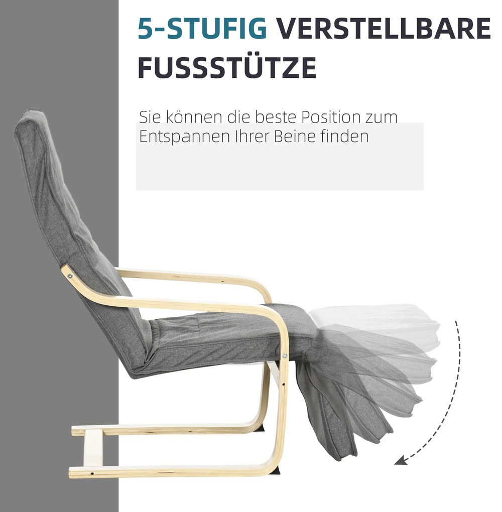 HOMCOM Πολυθρόνα με όψη, πολυθρόνα χαλάρωσης με ρυθμιζόμενο υποπόδιο, πλαίσιο από ξύλο οξιάς, έως 120 kg, 66,5 x 94 x 100 cm, Γκρι