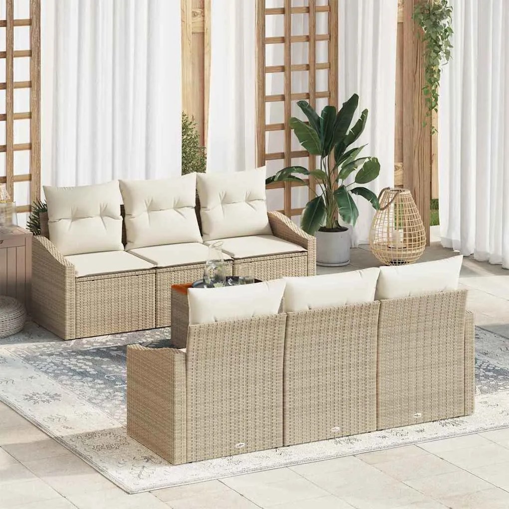 vidaXL Σετ Καναπέ Κήπου με μαξιλάρι 7 pcs Μπεζ Πολυ ράταν