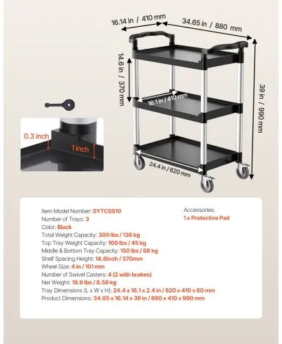 VEVOR Heavy Duty Utility Cart 300 lbs Capacity 3-tier Service Cart with Wheels