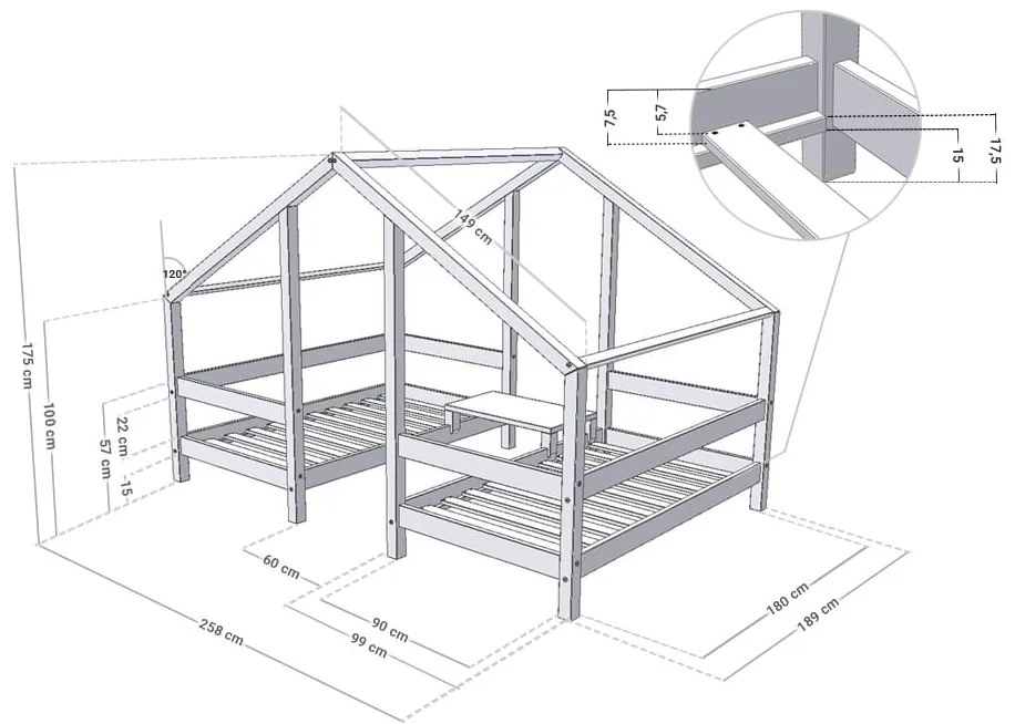 Κρεβάτι Σπιτάκι για 2 παιδιά Montessori Twin από μασίφ ξύλο Grey  90×200cm