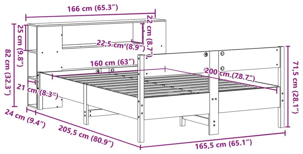 Κρεβάτι Βιβλιοθήκη Χωρίς Στρώμα 160x200 εκ Μασίφ Ξύλο Πεύκου - Καφέ