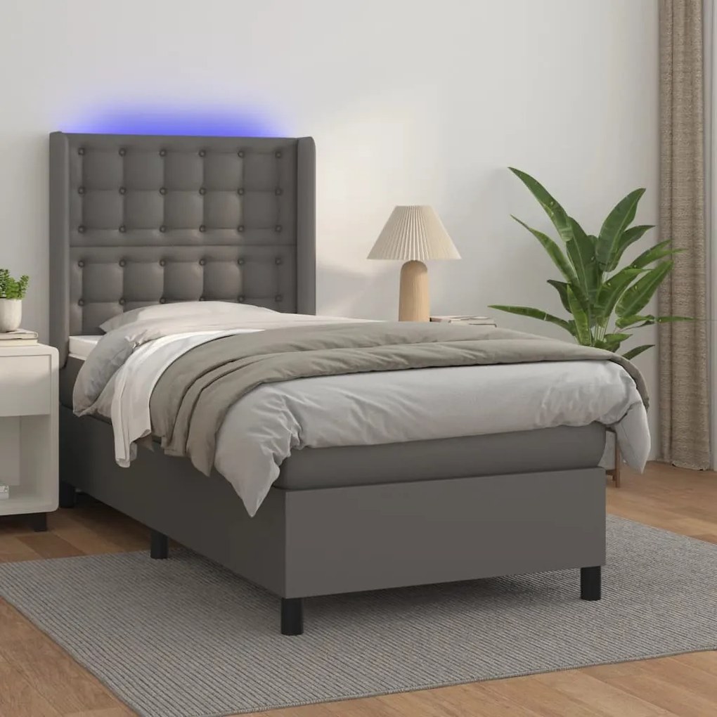 Κρεβάτι Boxspring με Στρώμα &amp; LED Γκρι 90x190 εκ. Συνθ. Δέρμα - Γκρι