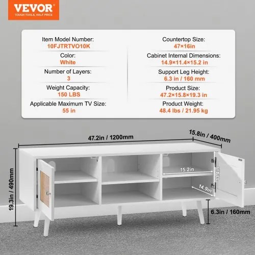 VEVOR Rattan TV Stand, Boho TV Cabinet for 55 inch TV, Mid Century Modern TV Stand, Rattan TV Console with Adjustable Shelfs for  Living Room, Media Room, White