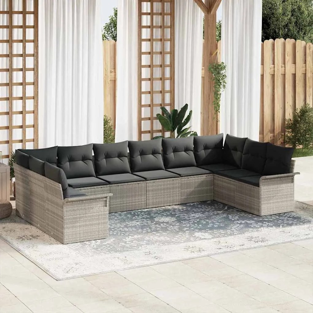 vidaXL Σετ Καναπέ Κήπου με μαξιλάρι 10 pcs Ανοιχτό γκρι Πολυ ράταν