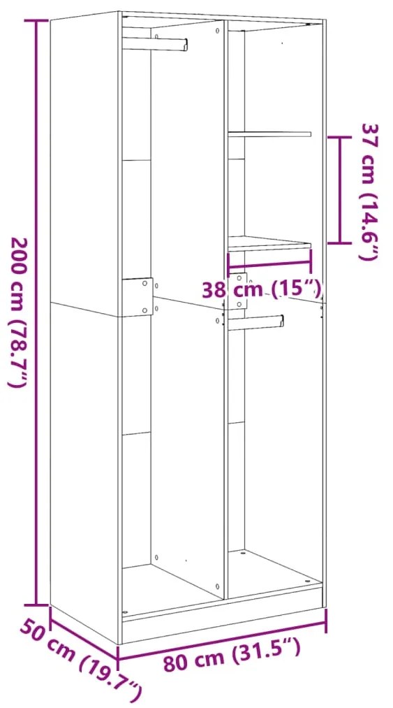 Ντουλάπα Μαύρη 80x50x200 εκ. από Επεξεργασμένο Ξύλο - Μαύρο