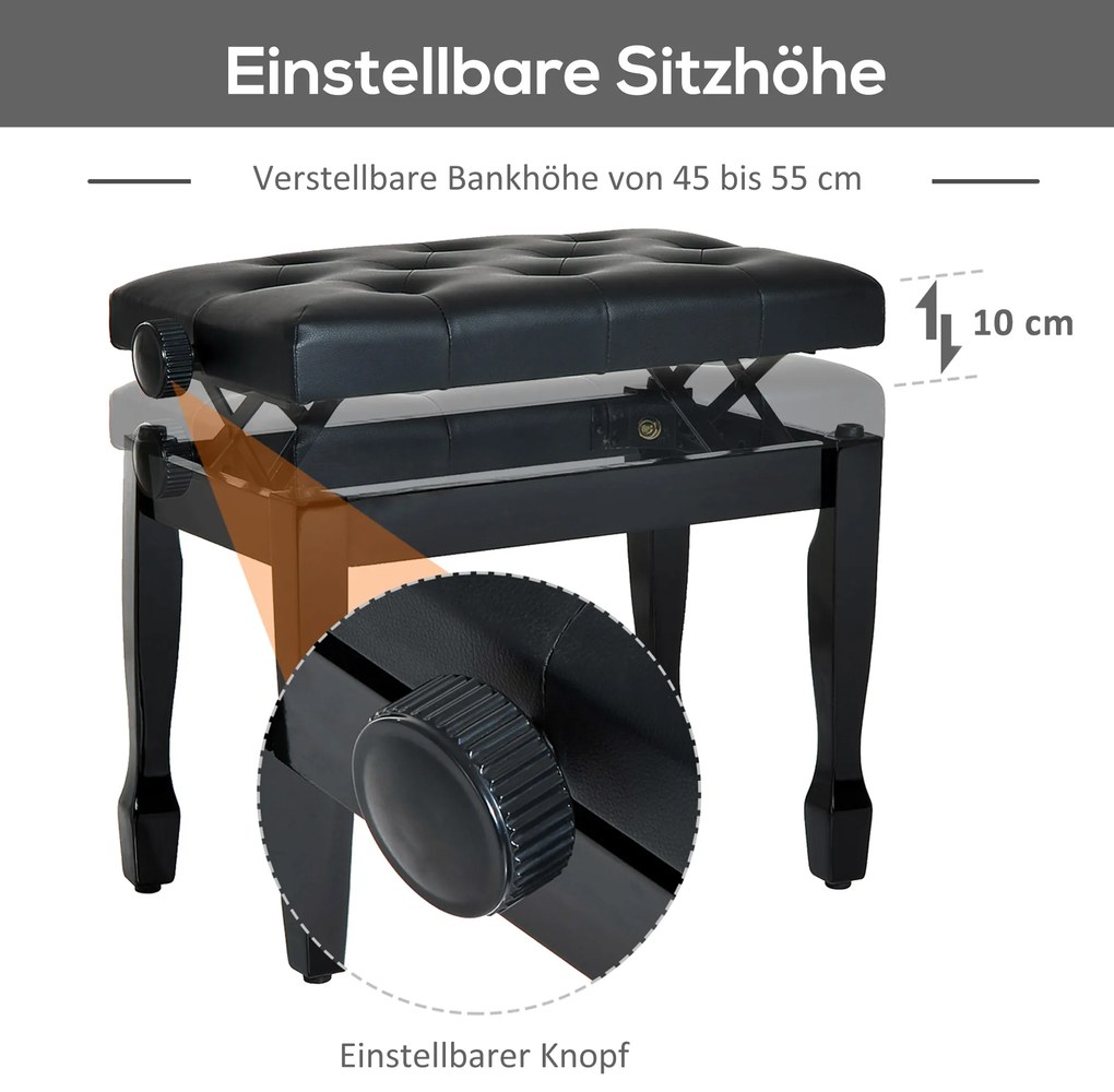 HOMCOM Ρυθμιζόμενο Ύψος Σκαμπό Πιάνου, Πάγκος Πιάνου από Συνθετικό Δέρμα, Σκαμπό Keyboard για Πιάνο Keyboard 64 x 35 x 45-55 cm Μαύρο