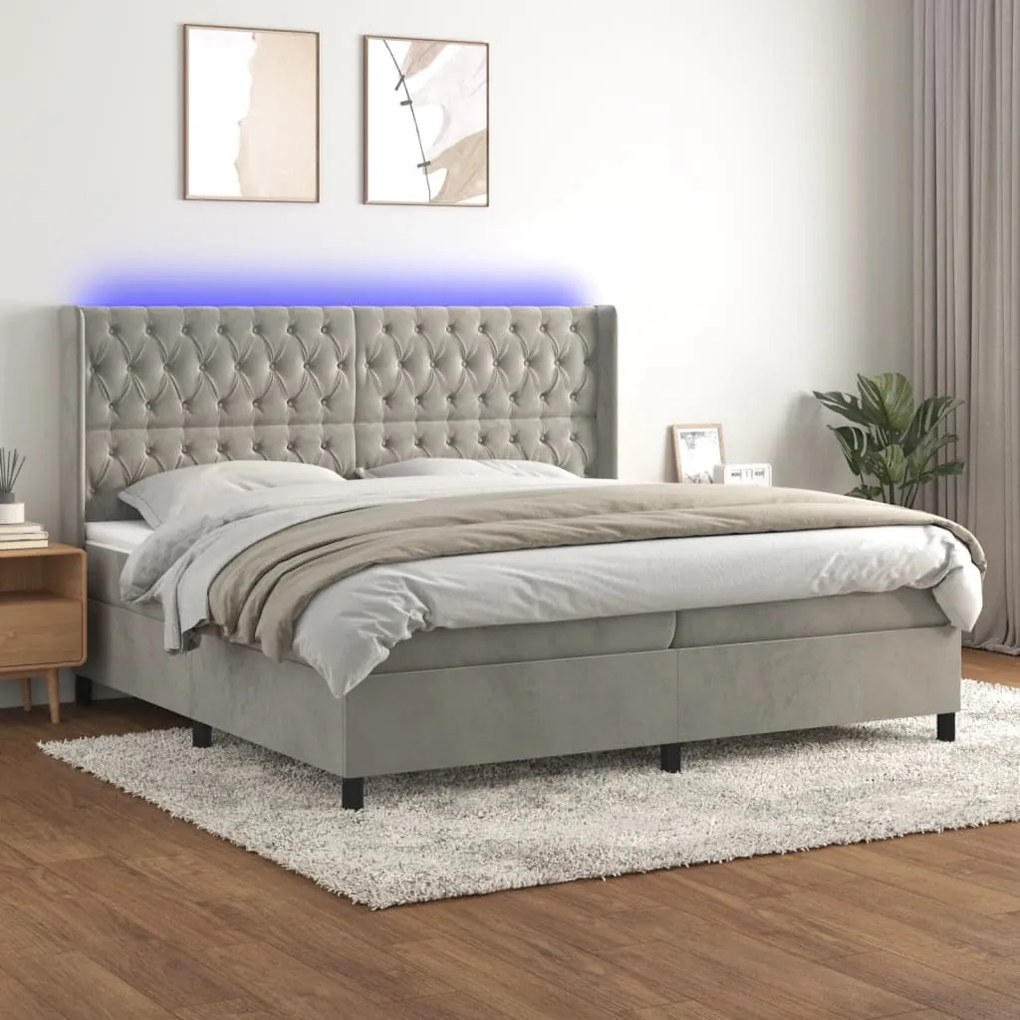 Κρεβάτι Boxspring με Στρώμα & LED Αν.Γκρι 200x200 εκ. Βελούδινο