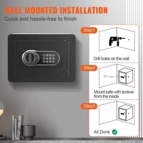 VEVOR Safe, 0.5 Cubic Feet Home Safe, Steel Security Safe with Digital Keypad and 2 Keys, Wall-Mounted Cabinet Safe Protect Cash, Gold, Jewelry, Documents for Home, Hotel, 13.8 x 9.8 x 9.8 inches
