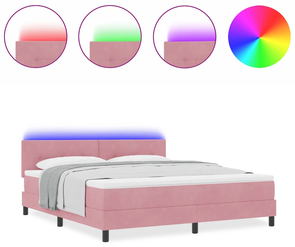 vidaXL Κρεβάτι Box Spring με Στρώμα & LED Ροζ 180x200 cm Βελούδο