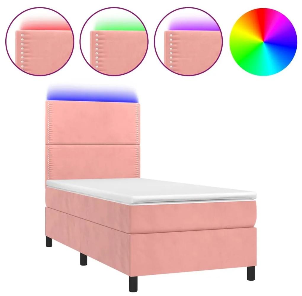 Κρεβάτι Boxspring με Στρώμα &amp; LED Ροζ 90x200 εκ. Βελούδινο - Ροζ