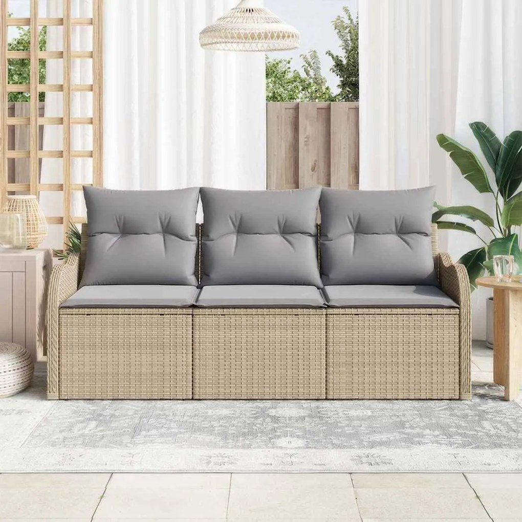 vidaXL Σετ Καναπέ Κήπου με μαξιλάρι 3 pcs Μπεζ Πολυ ράταν