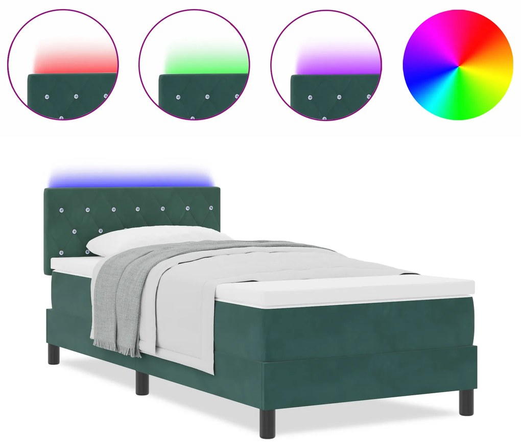 vidaXL κρεβάτι box spring με μαξιλάρι και LED σκούρο πράσινο 90x190 εκ. βελούδο