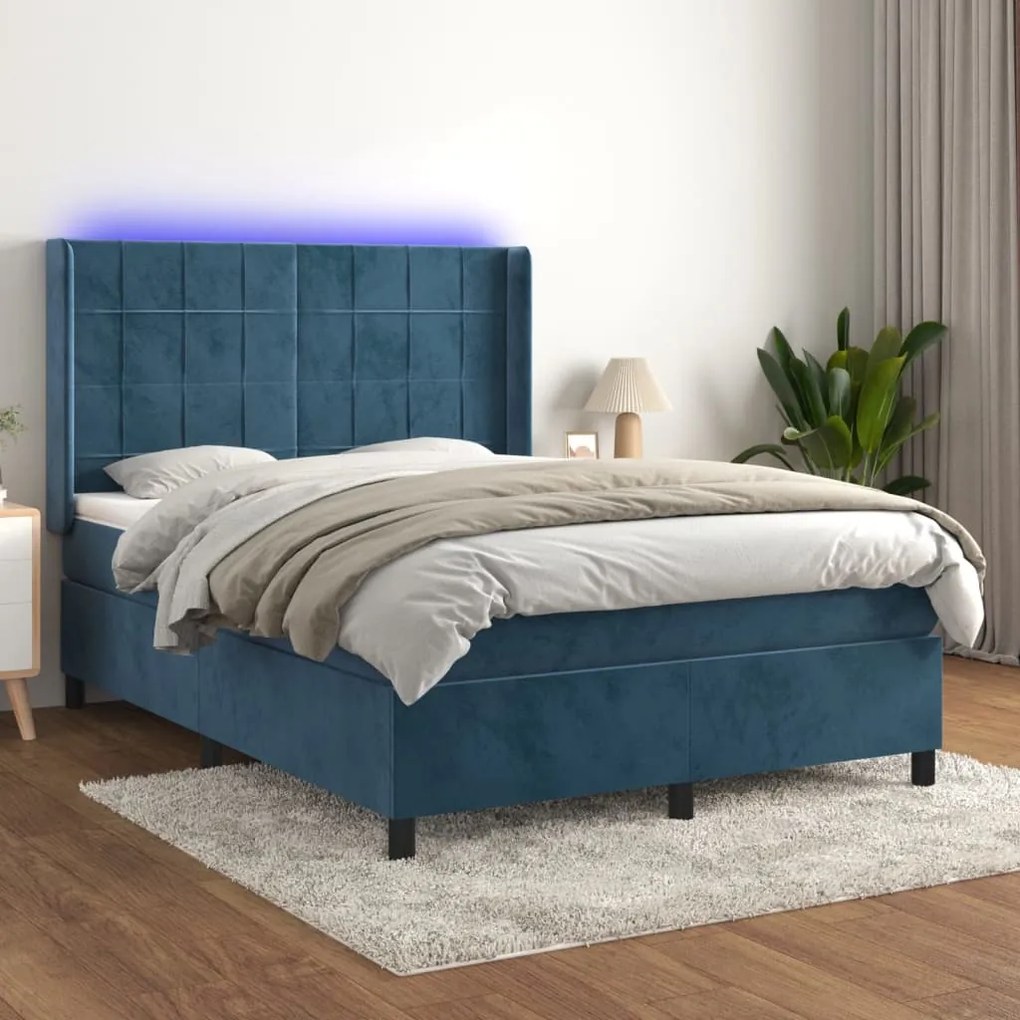 Κρεβάτι Boxspring με Στρώμα &amp; LED Σκ. Μπλε 140x200εκ. Βελούδινο