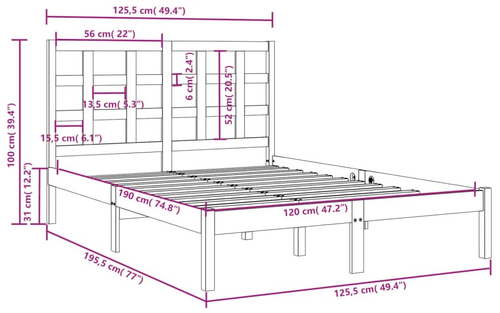 vidaXL Πλαίσιο Κρεβατιού 120 x 190 εκ. από Μασίφ Ξύλο Small Double