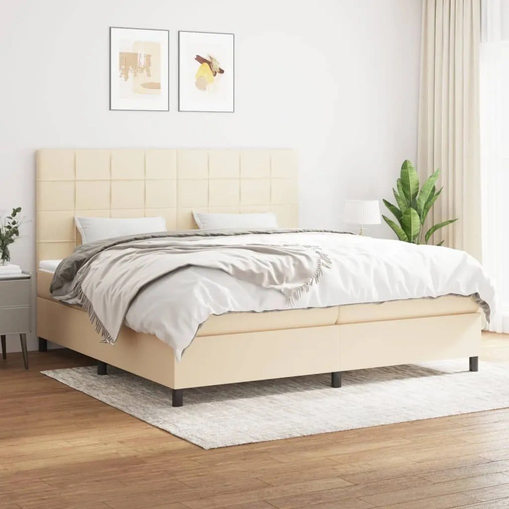 Κρεβάτι Boxspring με Στρώμα Κρεμ 200x200 εκ. Υφασμάτινο - Κρεμ