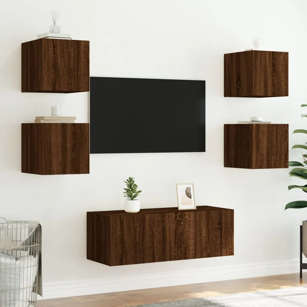 vidaXL Έπιπλα Τοίχου Τηλεόρασης 6 τεμ. LED Καφέ Δρυς από Επεξ. Ξύλο