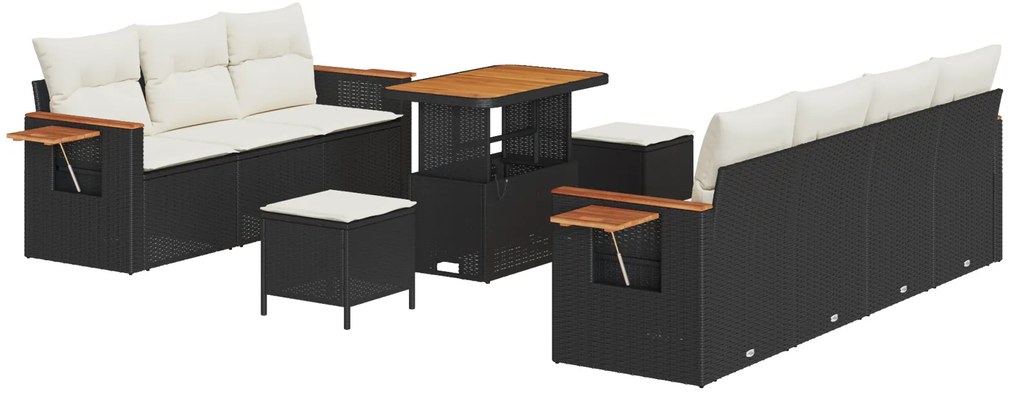 vidaXL Σετ Καναπέ Κήπου 10 τεμαχίων με μαξιλάρια Μαύρο Πολυ Ρατάν Ακακία