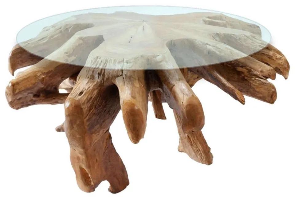 Τραπέζι Σαλονιού Στρογγυλό Ρίζα HM9392 Φ80x45cm Tempered Γυαλί Teak Natural
