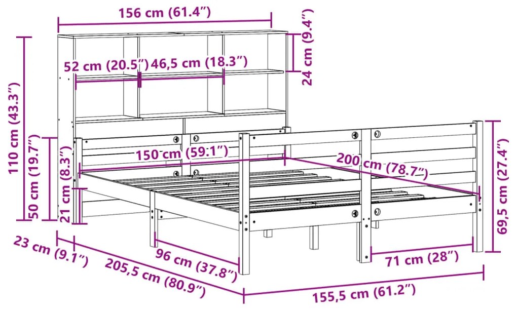 Κρεβάτι Βιβλιοθήκη Χωρίς Στρώμα 150x200 εκ Μασίφ Ξύλο Πεύκου - Λευκό