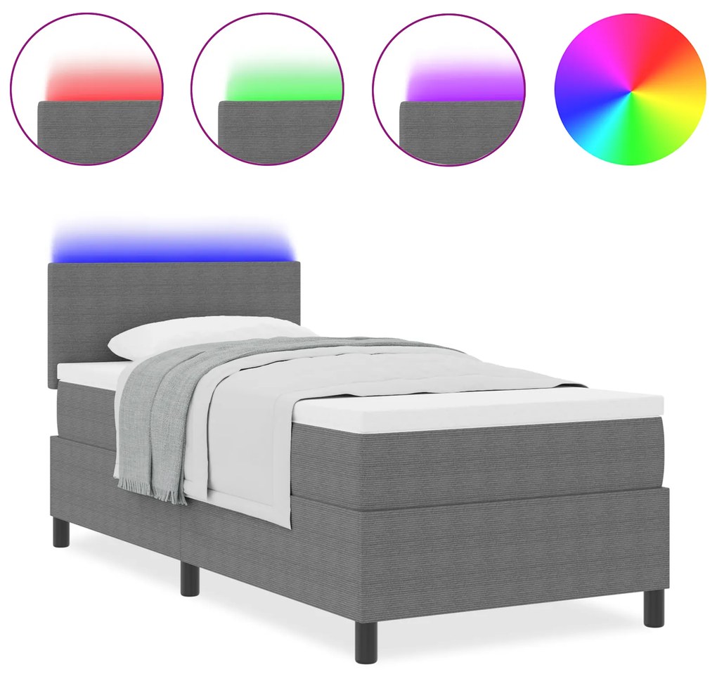 vidaXL Κρεβάτι με ελατήρια με Στρώμα & LED Φως Γκρι 80x200 εκ Ύφασμα κορντούρας