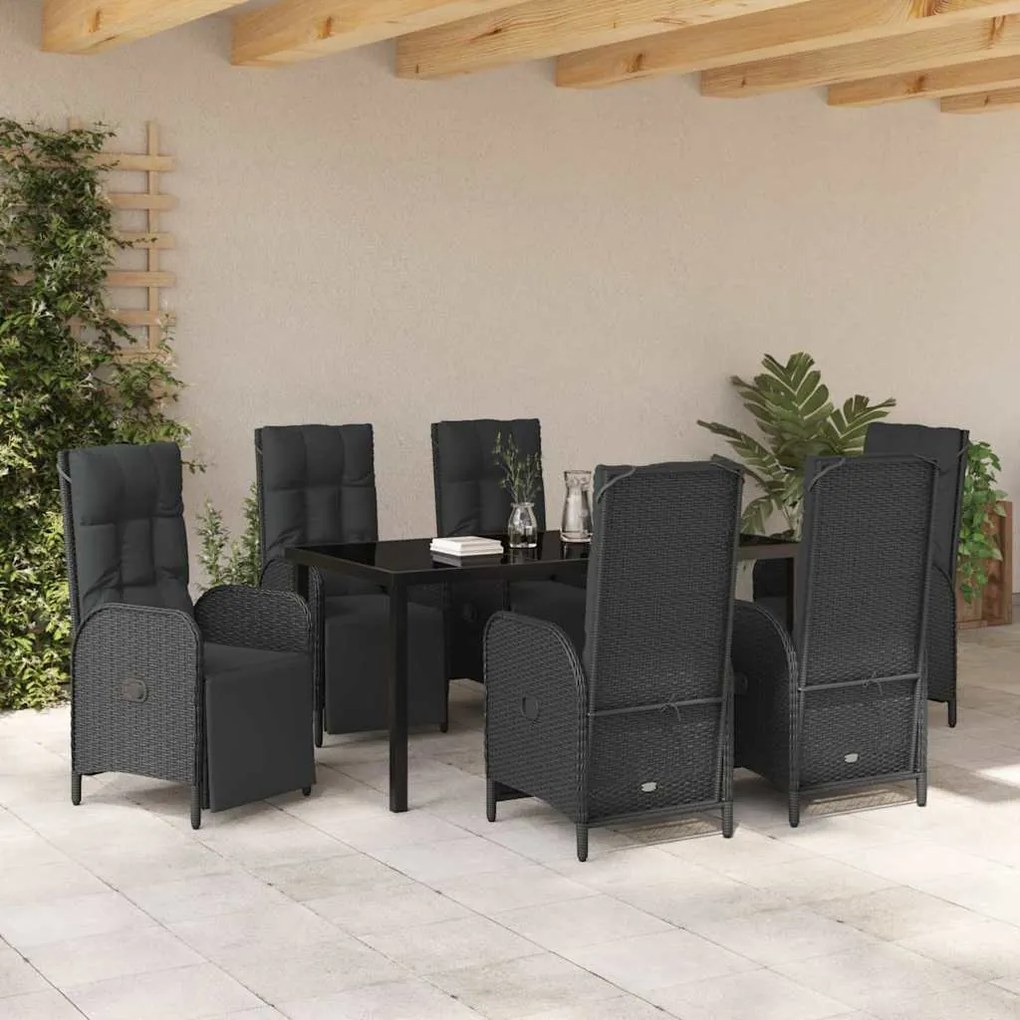 vidaXL Σέτ φαγητού για κήπο με μαξιλάρι 7 pcs Μαύρο Πολυ ράταν