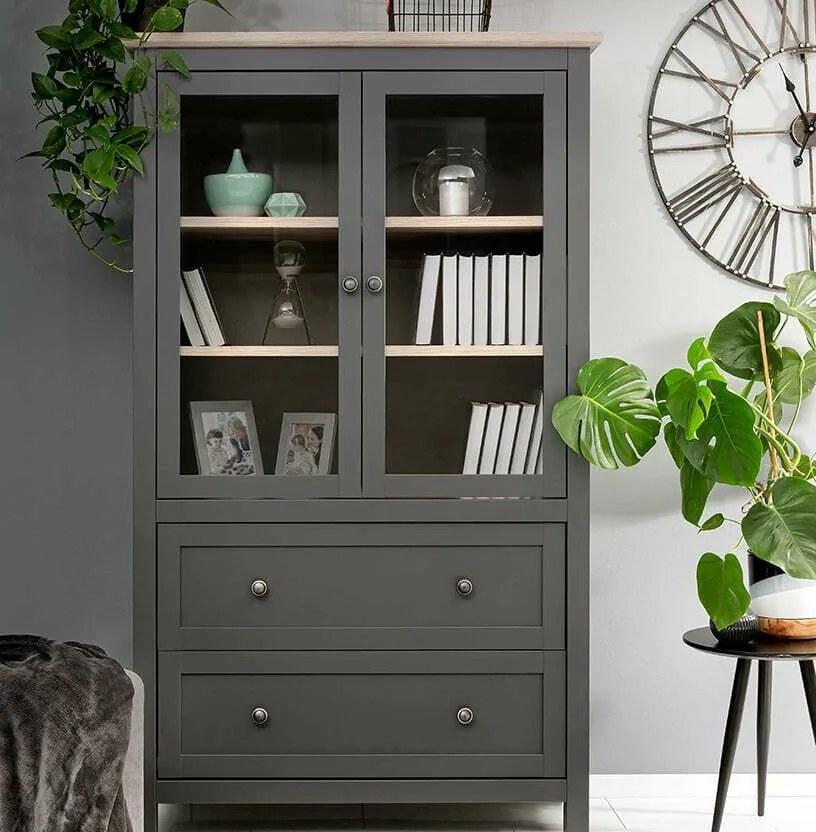 Βιτρίνα Boston BK102, San remo δρυς, Γκρι, Με πόρτες, Με συρτάρια, Ο αριθμός των θυρών: 2, Αριθμός συρταριών: 2, 180x106x47cm, 85 kg | Epipla1.gr
