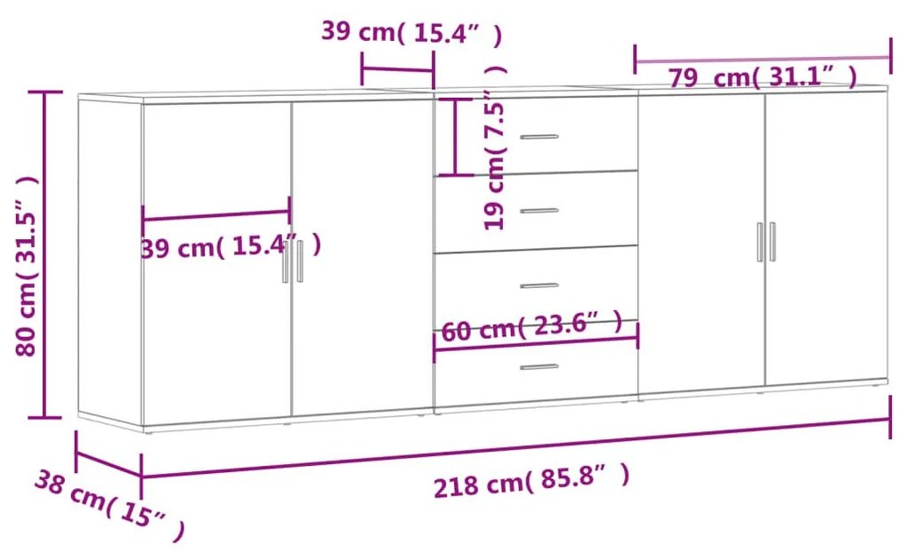 Ντουλάπι 3 τεμ. Λευκό Επεξεργασμένο Ξύλο - Λευκό