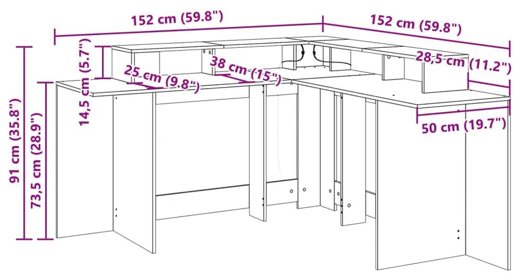 Γραφείο με LED Γκρι Sonoma 152x152x91 εκ. Επεξεργ. Ξύλο - Γκρι