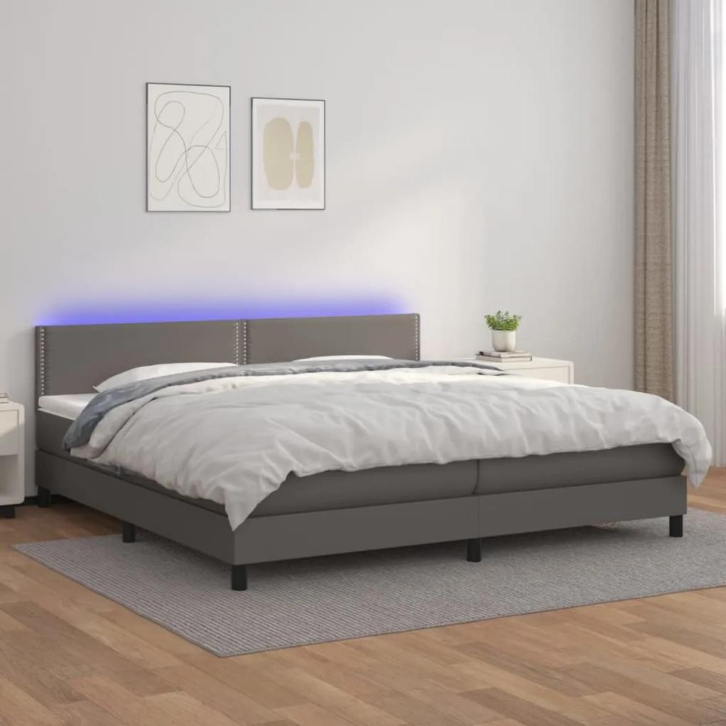 Κρεβάτι Boxspring με Στρώμα &amp; LED Γκρι 200x200 εκ. Συνθ. Δέρμα