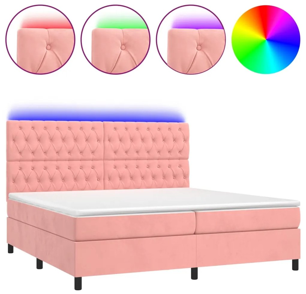 vidaXL Κρεβάτι Boxspring με Στρώμα & LED Ροζ 200x200 εκ. Βελούδινο